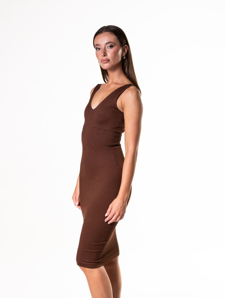 Deep V-Neck Seamless Midi Dress - HeyShape